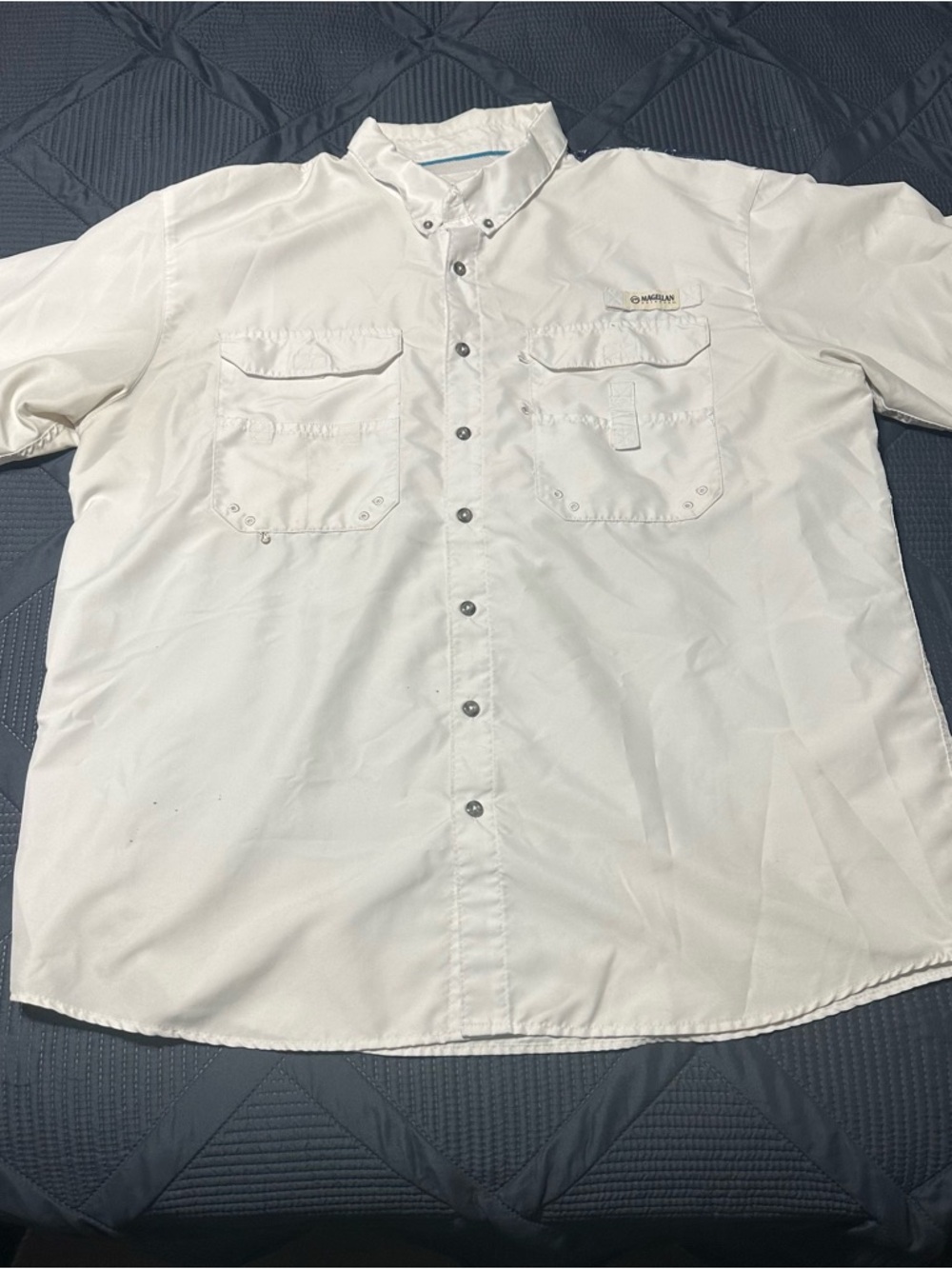 Magellan Outdoors Shirt Mens 2XL White American Flag Fishing Button Up Vented